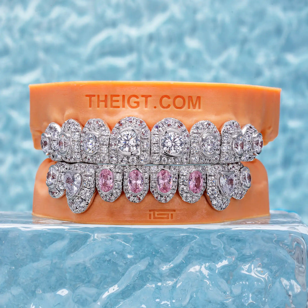 Honeymoon Set Pink Oval Cut & Heart Diamond On Fang Grillz
