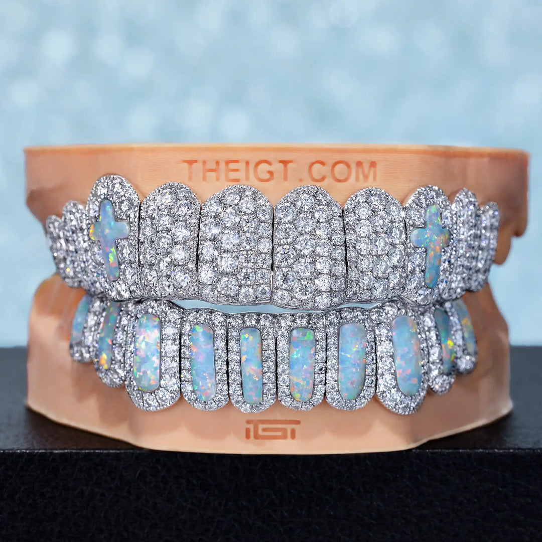 2.5mm Pave Setting Cross Style Opal Diamond Grillz