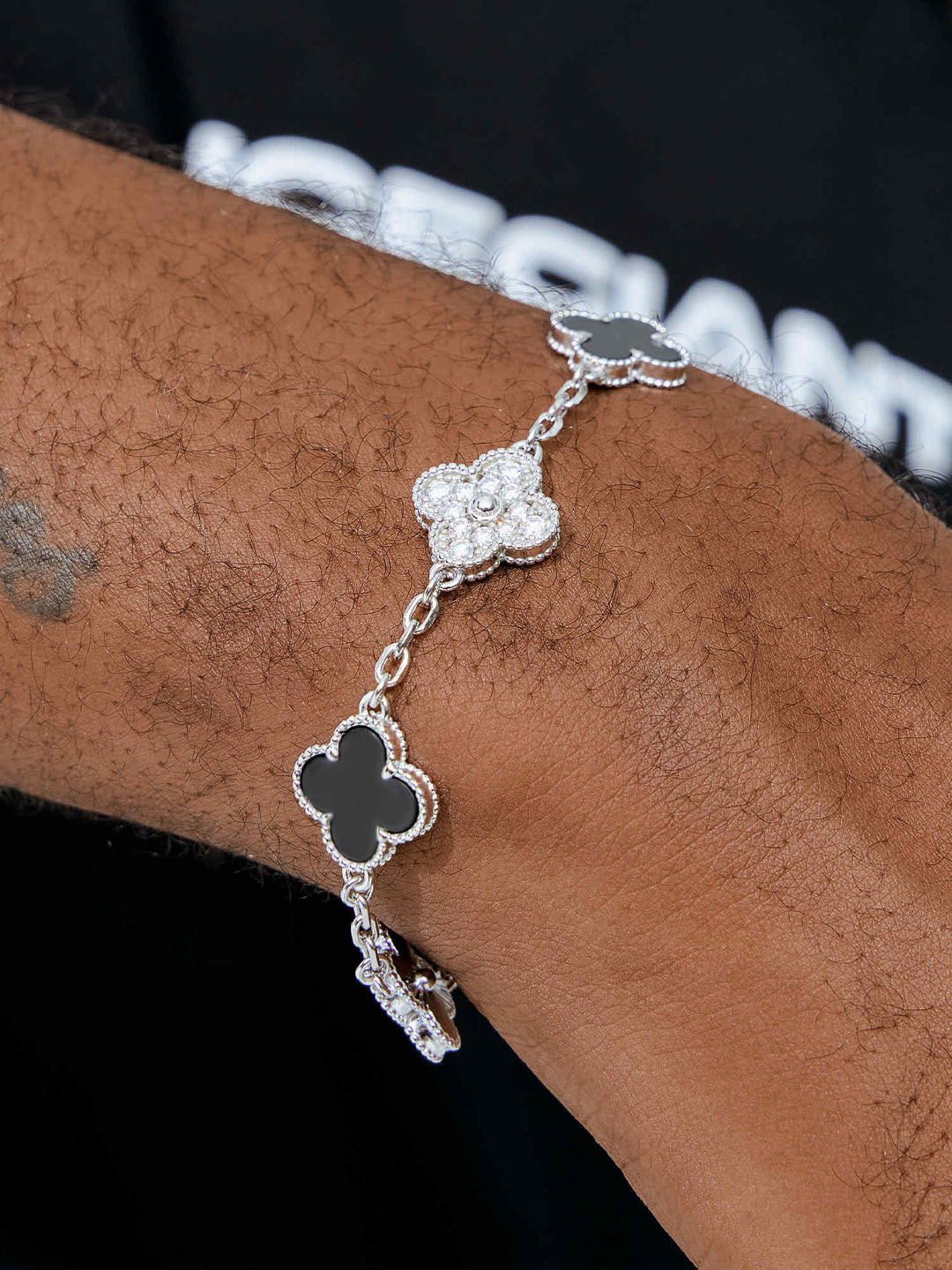 Black Agate Moissanite Four Leaf Clover Bracelet