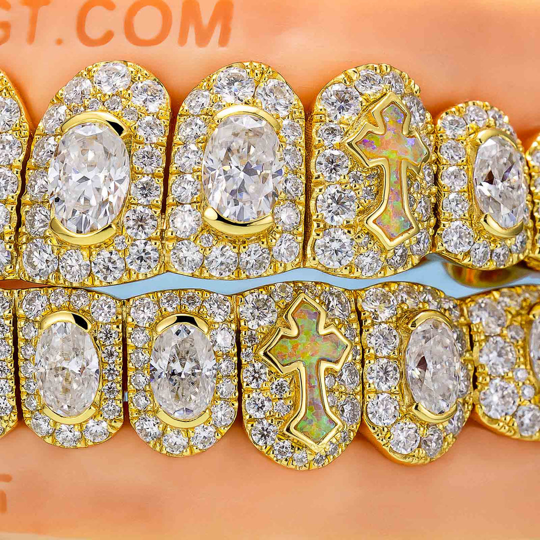 Oval Cut Diamond On Center W Opal Cross Grillz