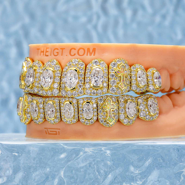 Oval Cut Diamond On Center W Opal Cross Grillz