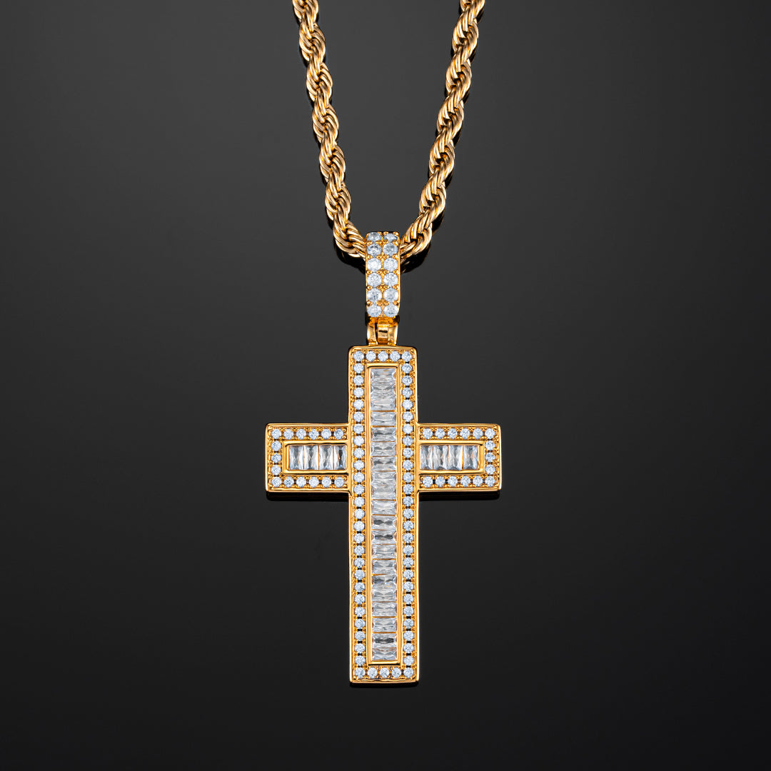 Baguette Cross Pendant in Yellow Gold