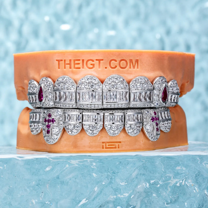 Hybrid Diamond Grillz w Cross & Pear Cut Fangs