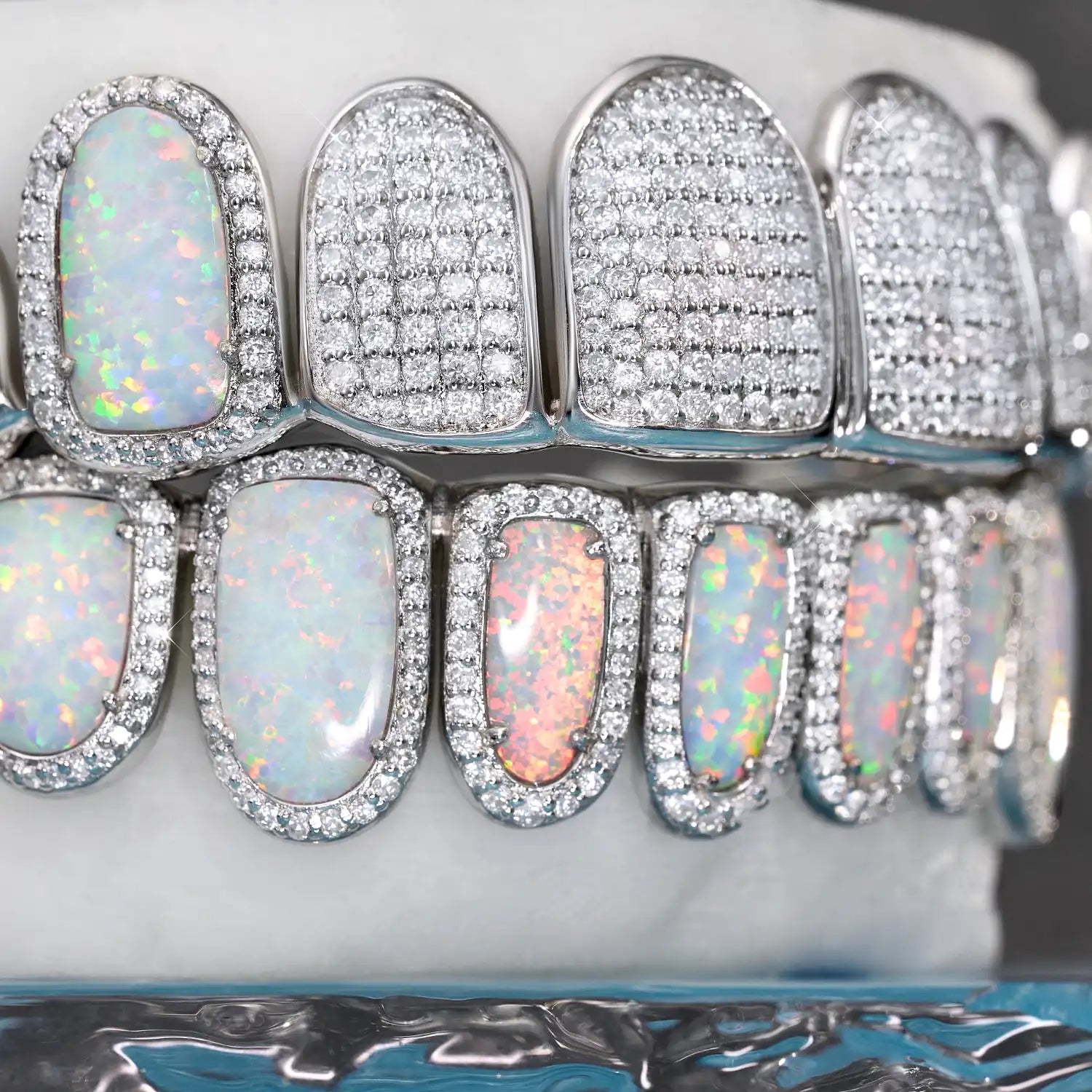 CUSTOM FULLY ICED OPAL MOISSANITE DIAMOND GRILLZ