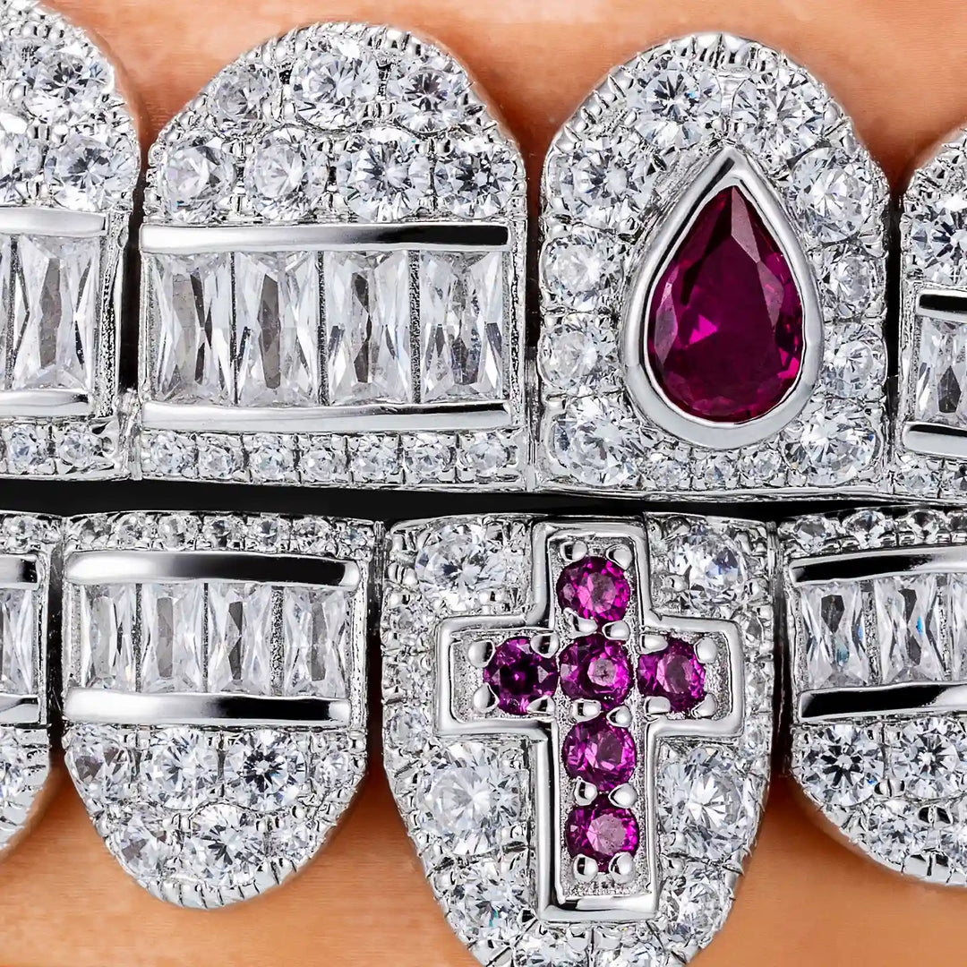 Hybrid Diamond Grillz w Cross & Pear Cut Fangs