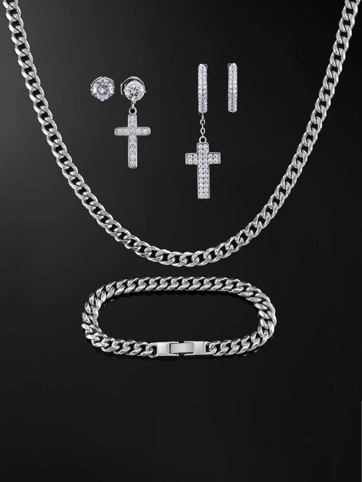 8mm Miami Cuban Chain & Bracelet & 2 Pairs of Earrings Set [4PCS/SET]