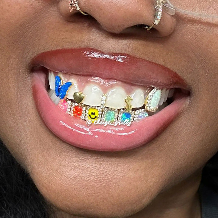 Custom Gap Bar & Colored Opal W Smile Face Grillz