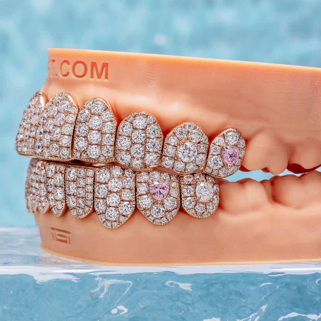 6 Pointer Diamond Grillz w Gemstone Heart