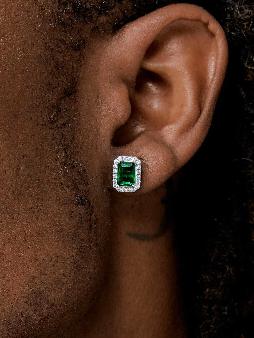 Green Moissanite Emerald Cut Halo Stud Earrings