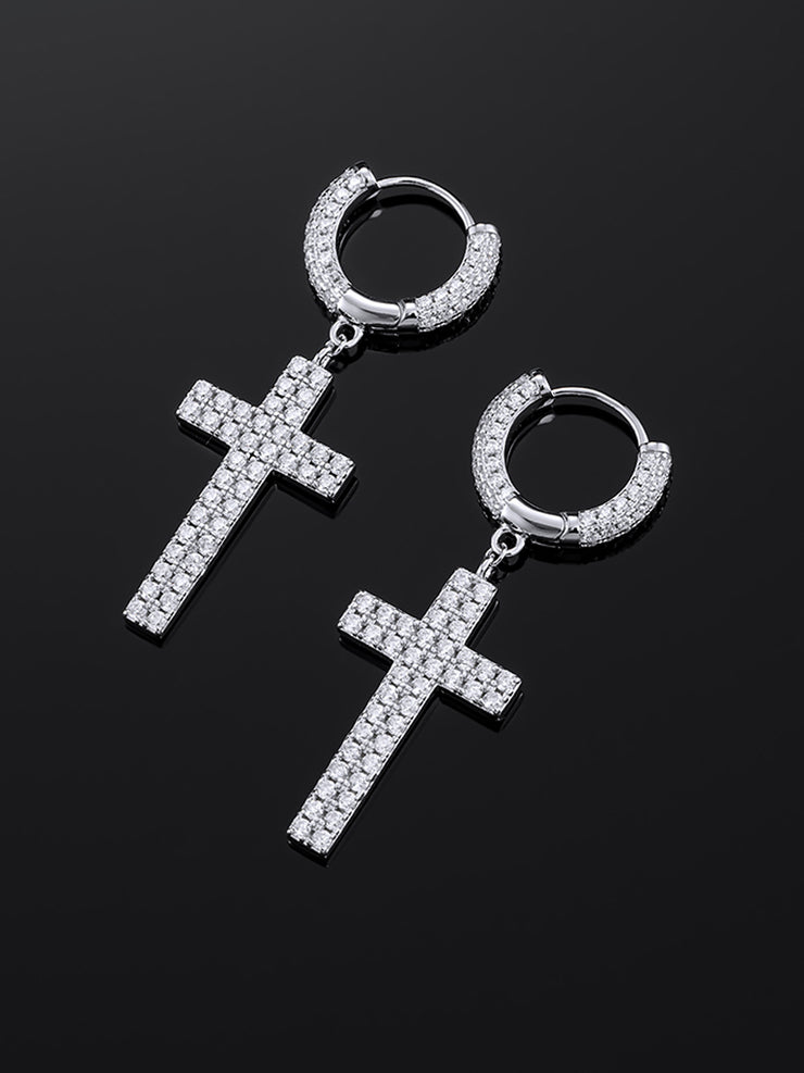 925 Sterling Silver Cross Earrings with Two-Row Gems