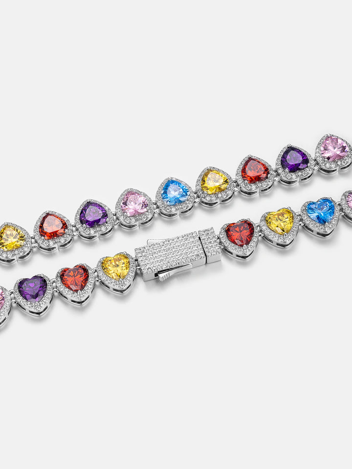 10mm Multi Gemstone & White Moissanite Heart Necklace