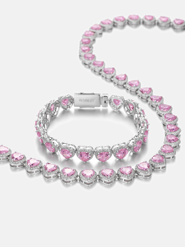 10mm Pink Gemstone & White Moissanite Heart Bracelet