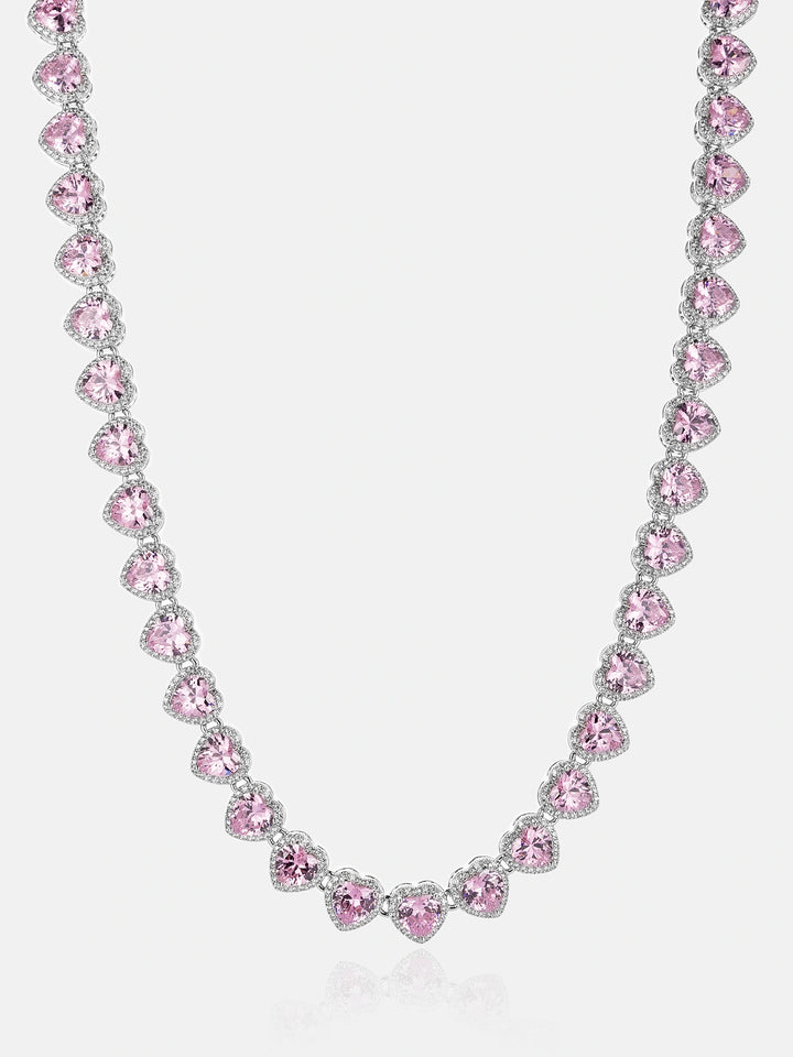 10mm Pink Gemstone & White Moissanite Heart Necklace
