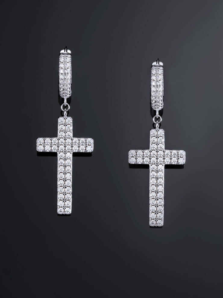 925 Sterling Silver Cross Earrings with Two-Row Gems