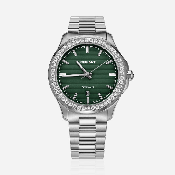 $159 Stainless Iced Moissanite Watch With Olive Green Dial