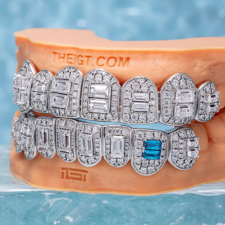 Pave Setting Diamond Grillz Radiant Cut Purple Sapphire