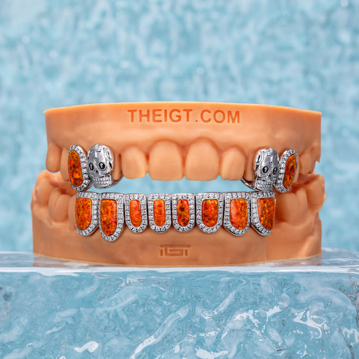 Skull Style w Bottom Red Opal Diamond Grillz