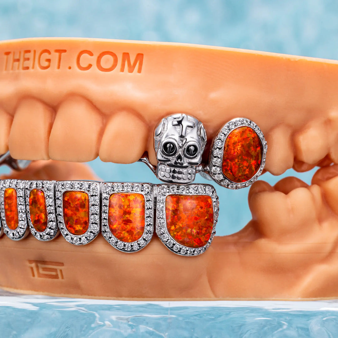 Skull Style w Bottom Red Opal Diamond Grillz