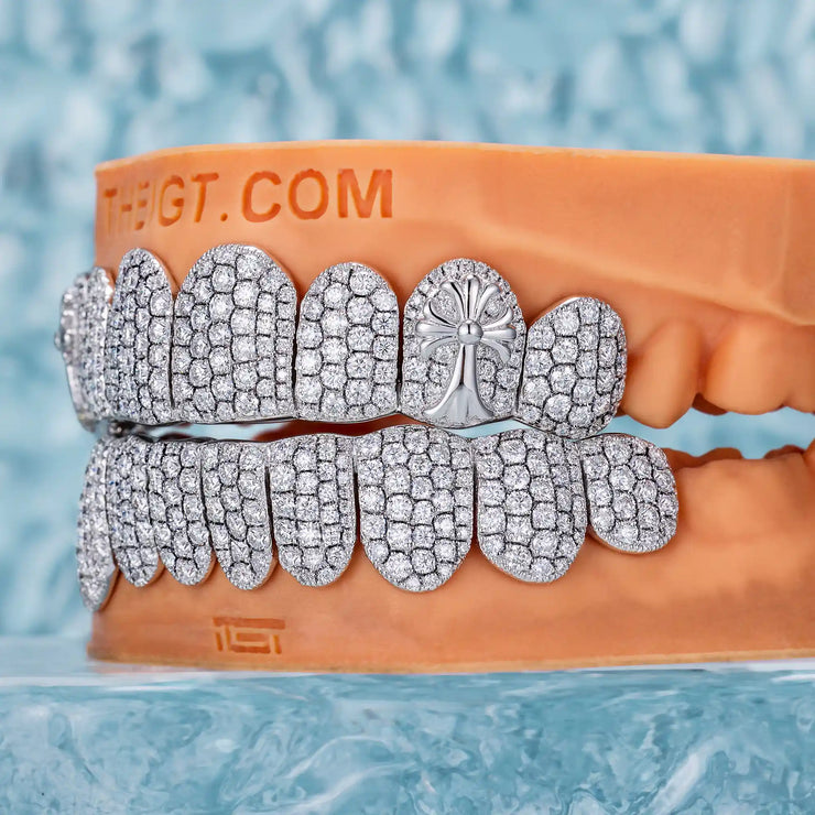 PAVE SETTING W CROSS ON FANG DIAMOND GRILLZ