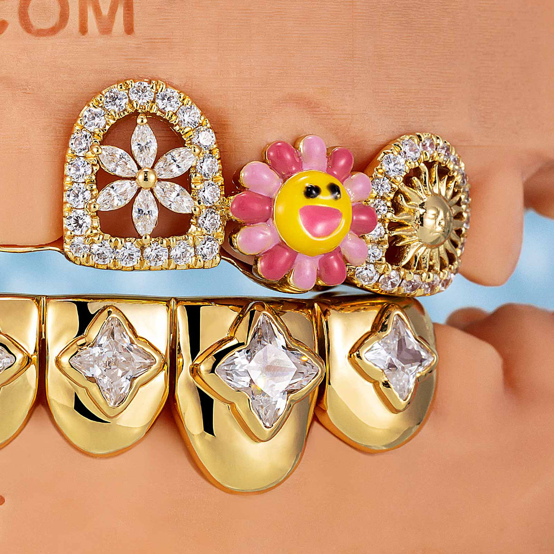 Diamond Smile Face And Sunflower Grillz