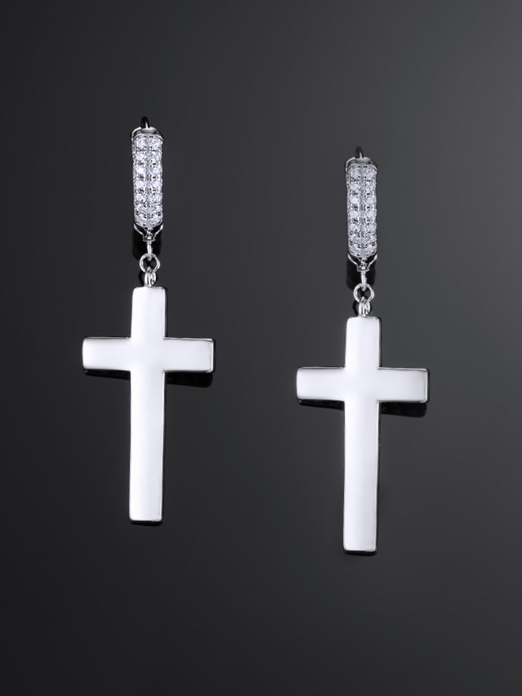 925 Sterling Silver Cross Earrings with Two-Row Gems