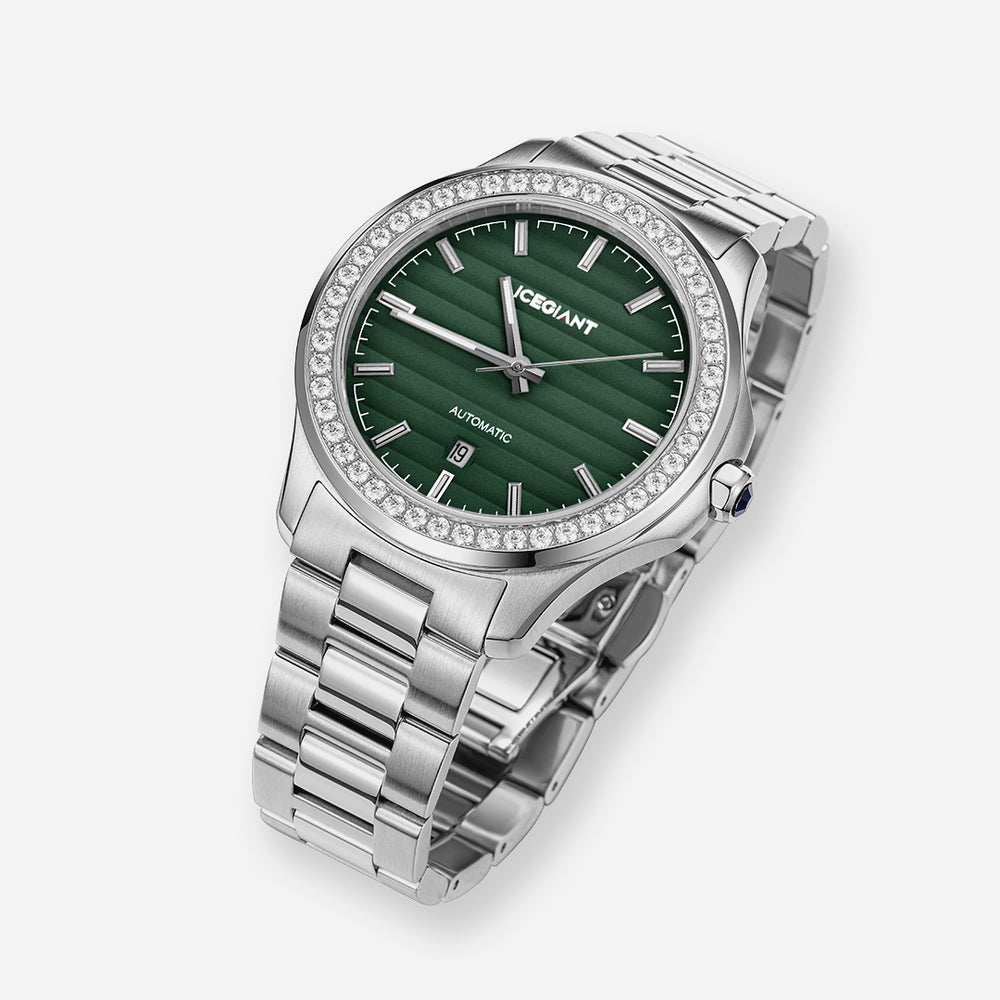 $159 Stainless Iced Moissanite Watch With Olive Green Dial