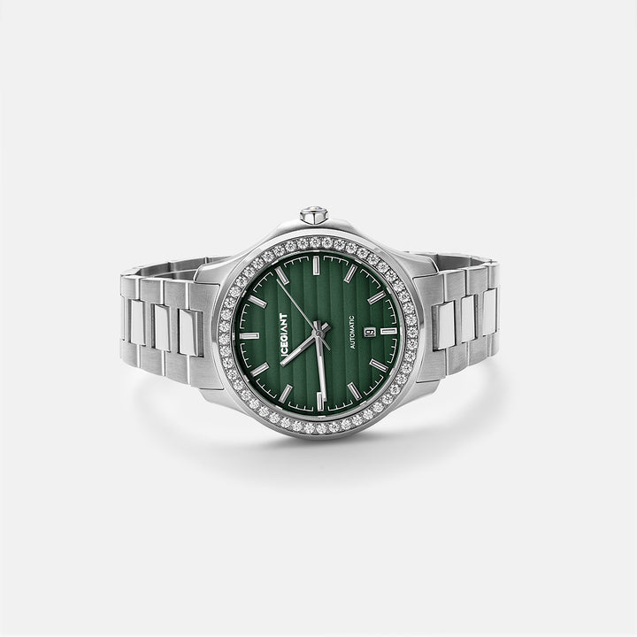 $159 Stainless Iced Moissanite Watch With Olive Green Dial