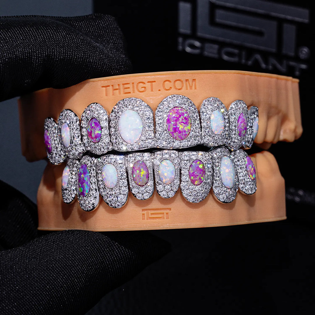 Pave Setting Diamond Grillz White & Pink Opal