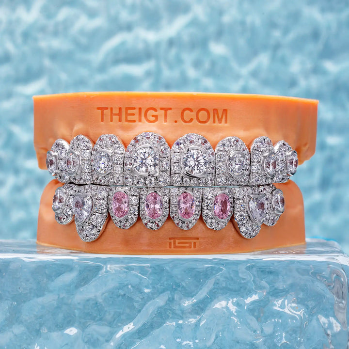 Honeymoon Set Pink Oval Cut & Heart Diamond On Fang Grillz