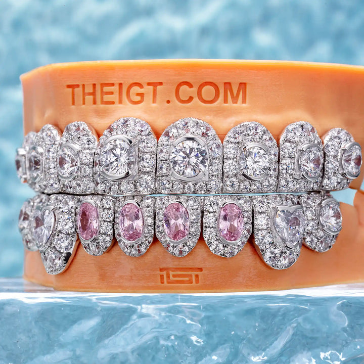Honeymoon Set Pink Oval Cut & Heart Diamond On Fang Grillz