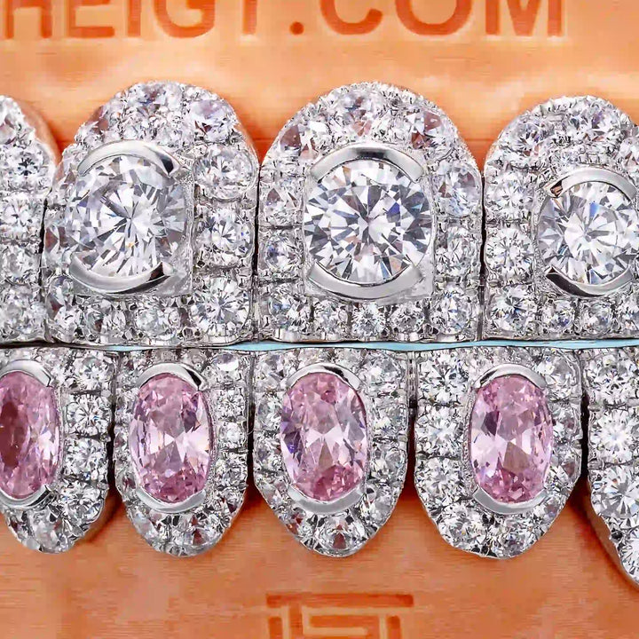 Honeymoon Set Pink Oval Cut & Heart Diamond On Fang Grillz