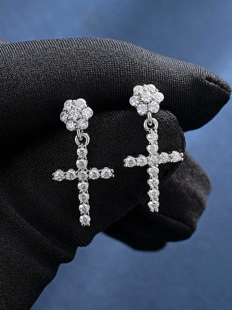 S925 Moissanite Flower Cluster Stud Cross Earrings