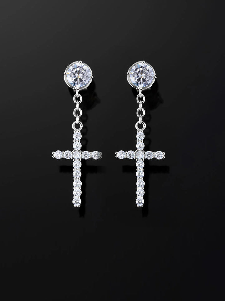 925 Sterling Silver Stud Cross Dangle Moissanite Earrings