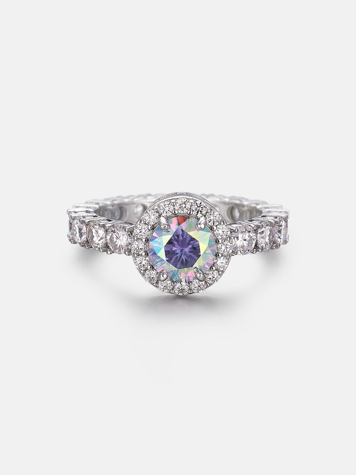 1CT Rainbow Moissanite Halo Ring with Side Diamonds