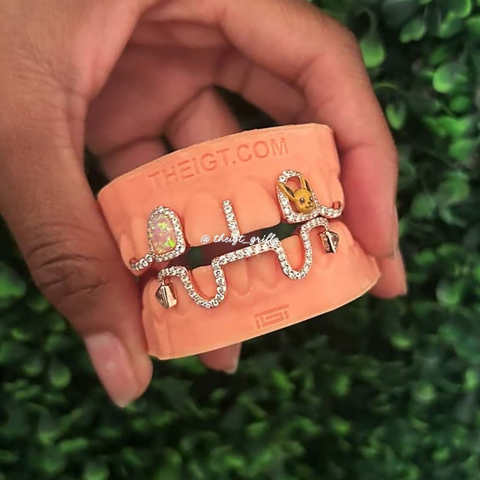 Top Opal & Bunny Tail Bar Grillz | Custom Gold Plated & Moissanite