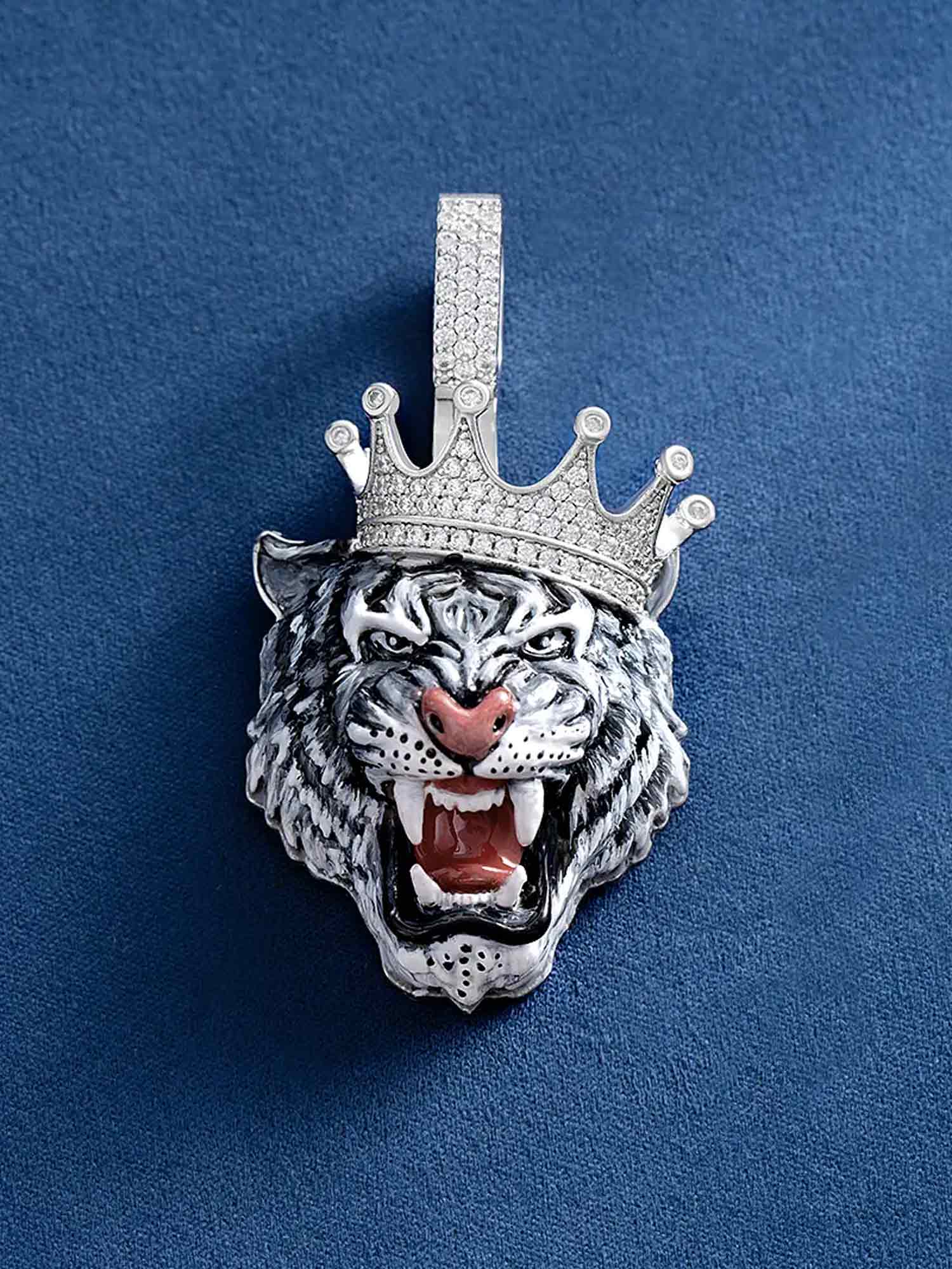 Moissanite Enamel Crown Tiger Pendant