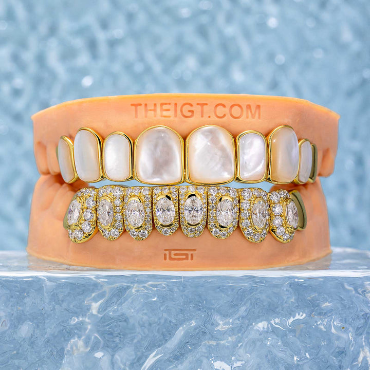 White Shell & Oval Cut Diamond Grillz