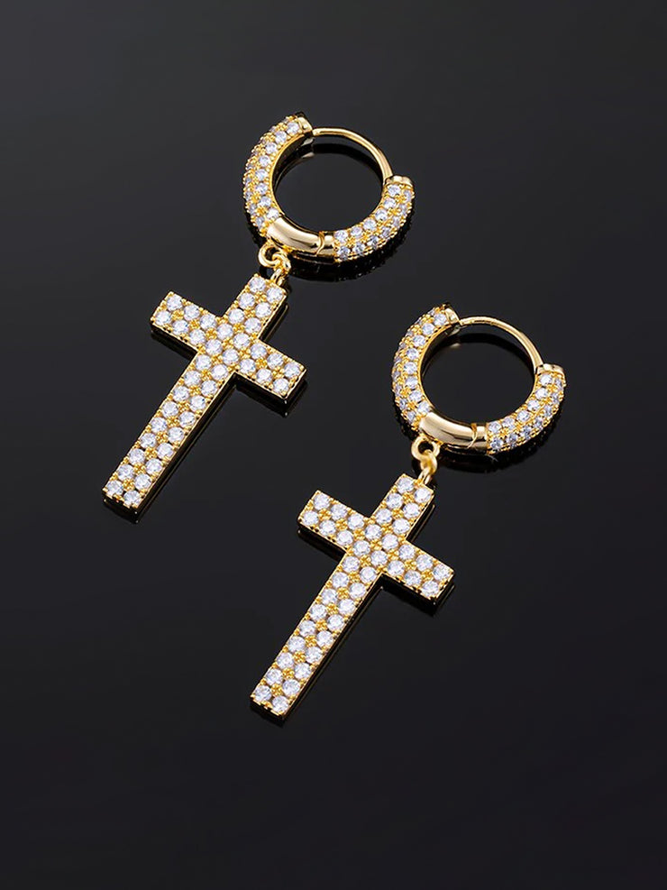 925 Sterling Silver Cross Earrings with Two-Row Gems