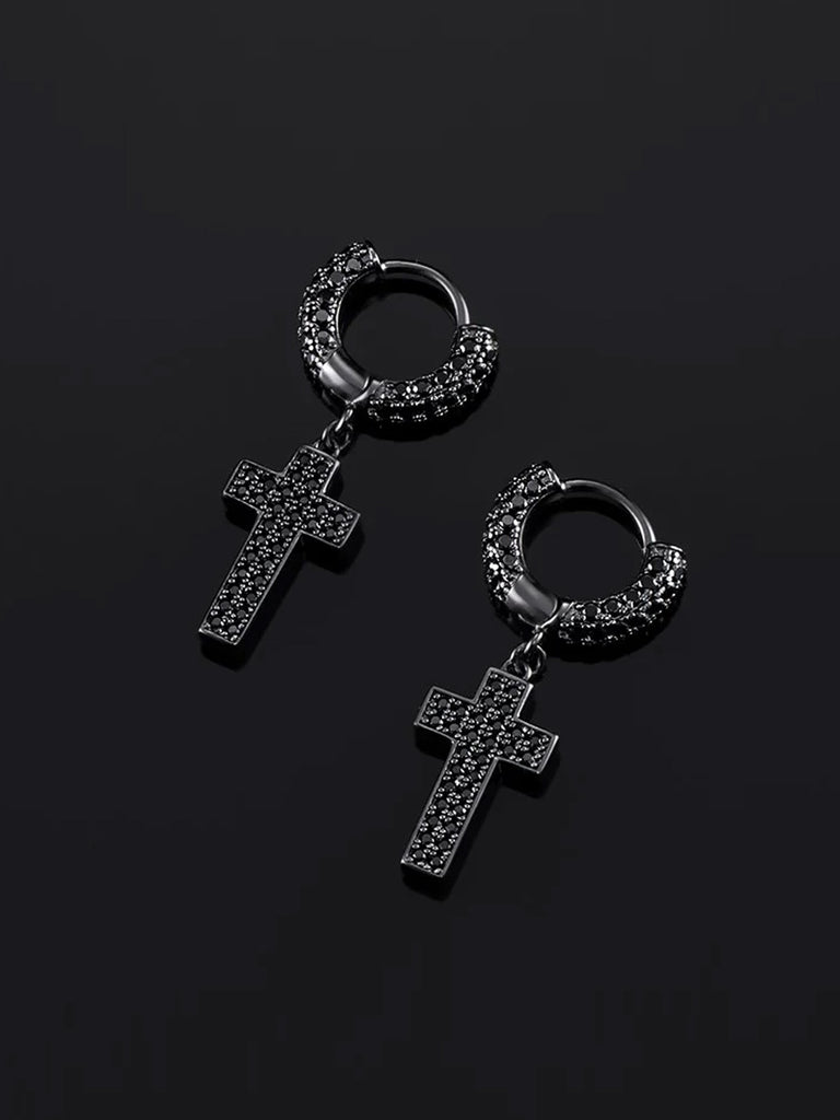 925 Sterling Double Sided drill Cross Earrings Small Hoop