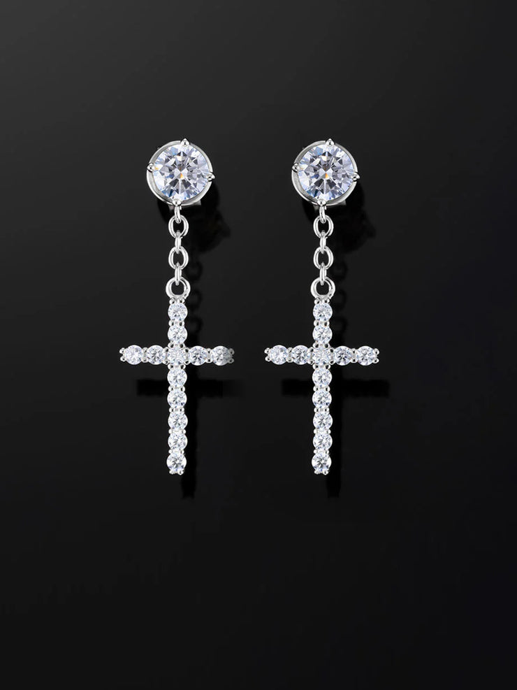 Solid Gold Stud Cross Dangle Moissanite Earrings