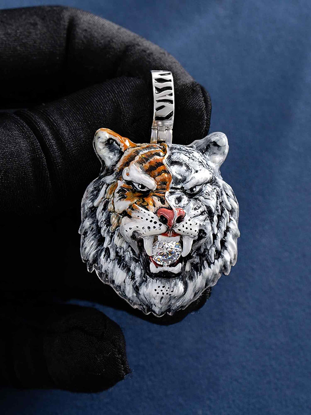 Moissanite Enamel Half White Half Orange Tiger Pendant