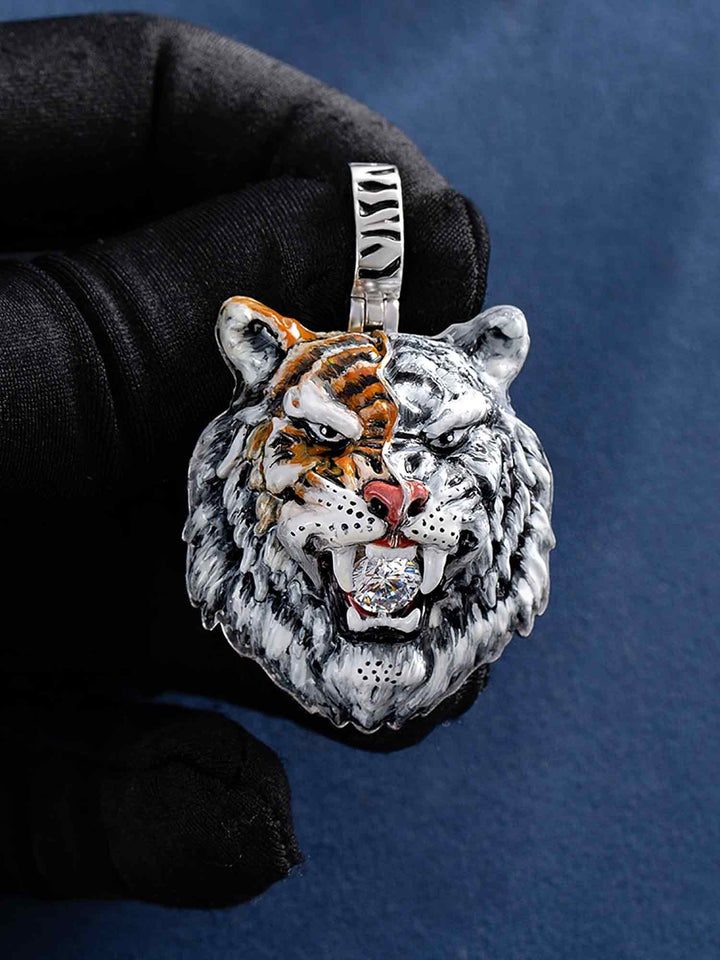 Moissanite Enamel Half White Half Orange Tiger Pendant