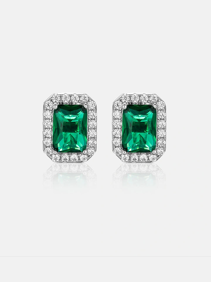 Green Moissanite Emerald Cut Halo Stud Earrings