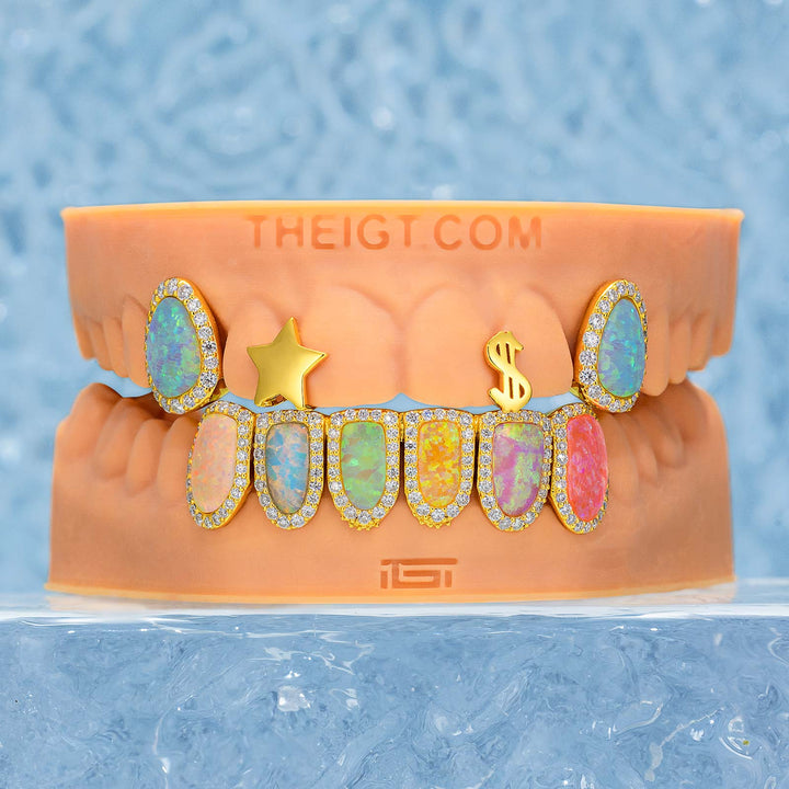 Custom Gap Bar & Colored Opal W Smile Face Grillz