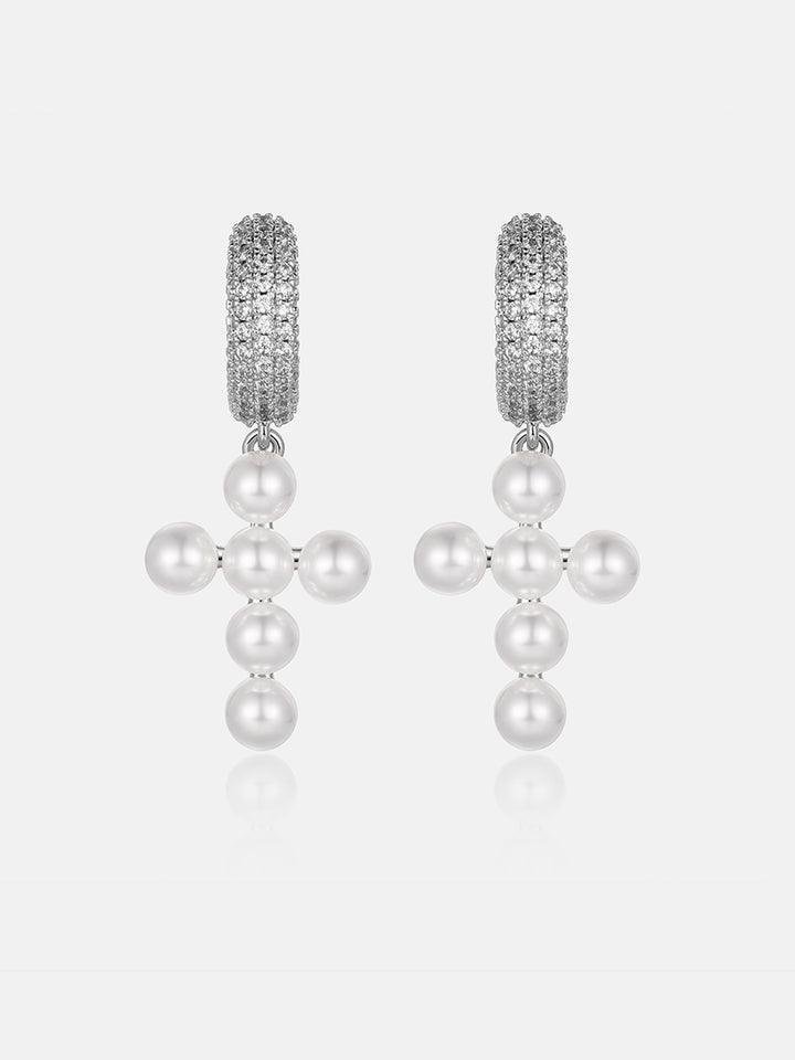 Moissanite Pearl Cross Hoop Earrings