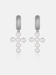 Moissanite Pearl Cross Hoop Earrings