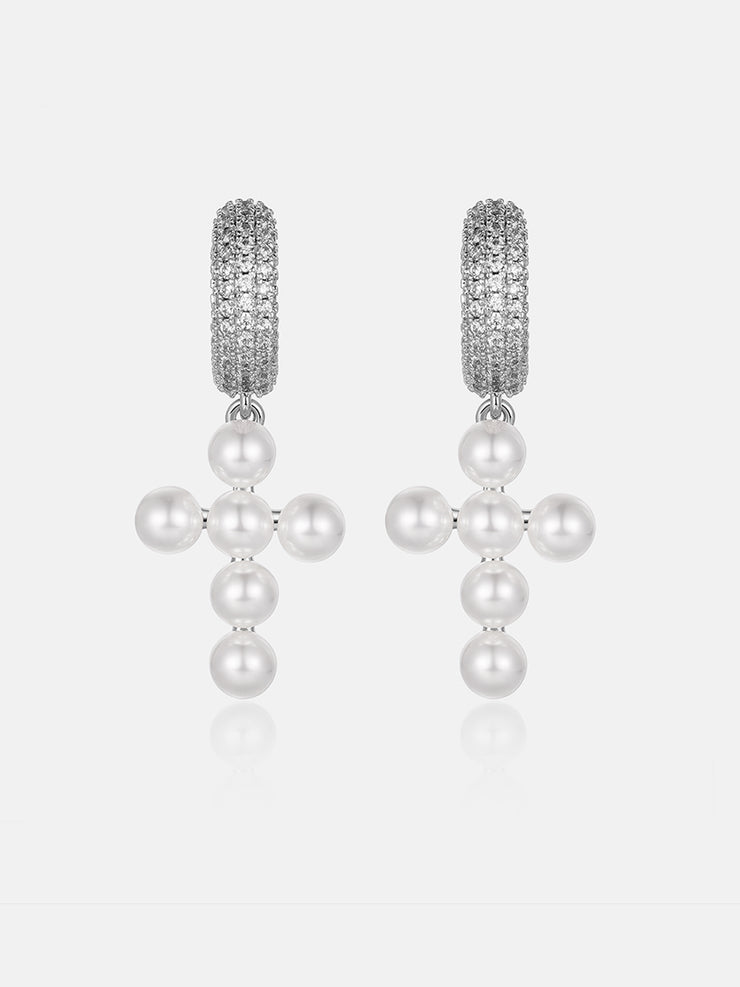 Moissanite Pearl Cross Hoop Earrings