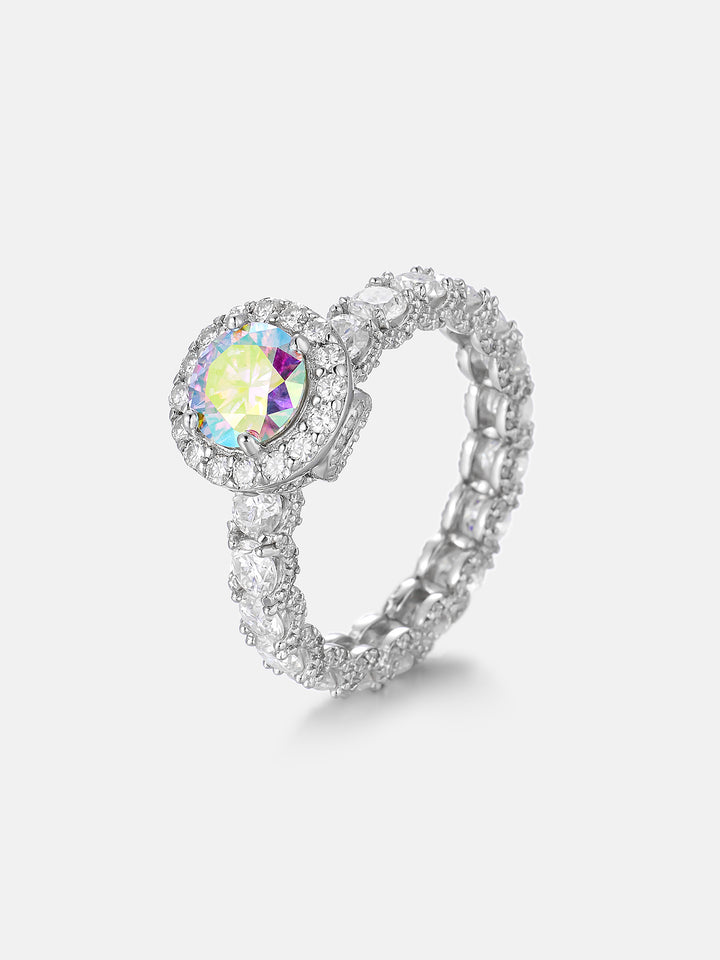 6.5mm Rainbow Moissanite Micro Pave Halo Eternity Ring