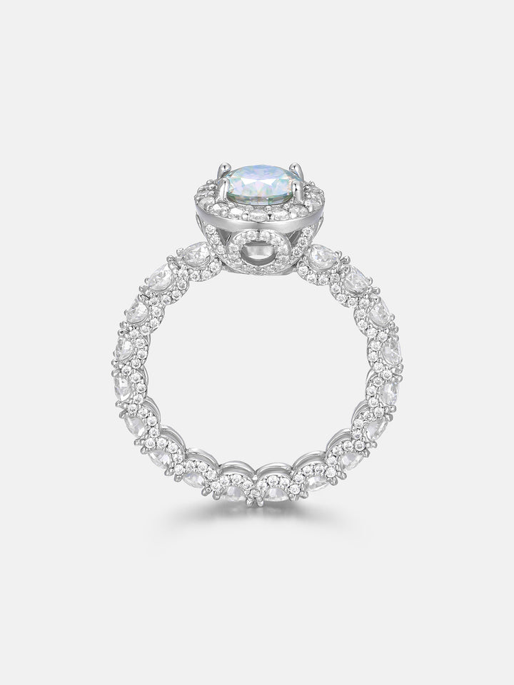 6.5mm Rainbow Moissanite Micro Pave Halo Eternity Ring