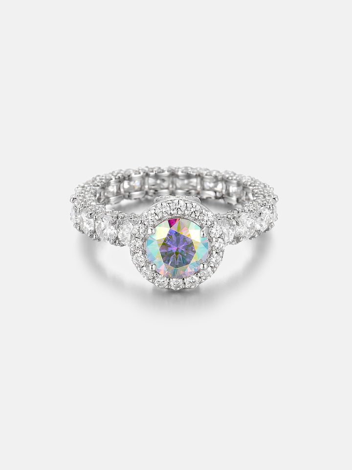 6.5mm Rainbow Moissanite Micro Pave Halo Eternity Ring